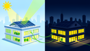 Commercial solar battery storage Chicago editorial illustration showing a building powered by solar and battery storage