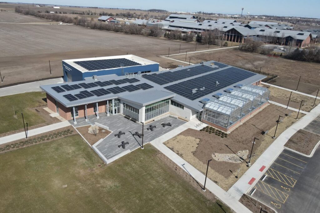Rooftop solar array on Heartland Community College's Net Zero Agricultural Building in Normal, Illinois, installed by Windfree Solar