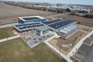 Rooftop solar array on Heartland Community College's Net Zero Agricultural Building in Normal, Illinois, installed by Windfree Solar