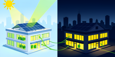 Commercial solar battery storage Chicago editorial illustration showing a building powered by solar and battery storage